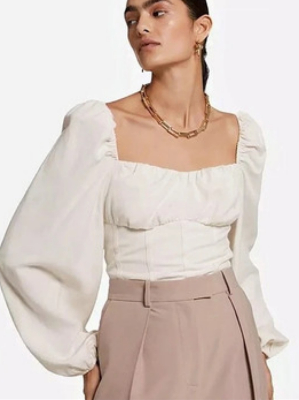& Other Stories Square Neck Puff Sleeve Crop Top in Cream